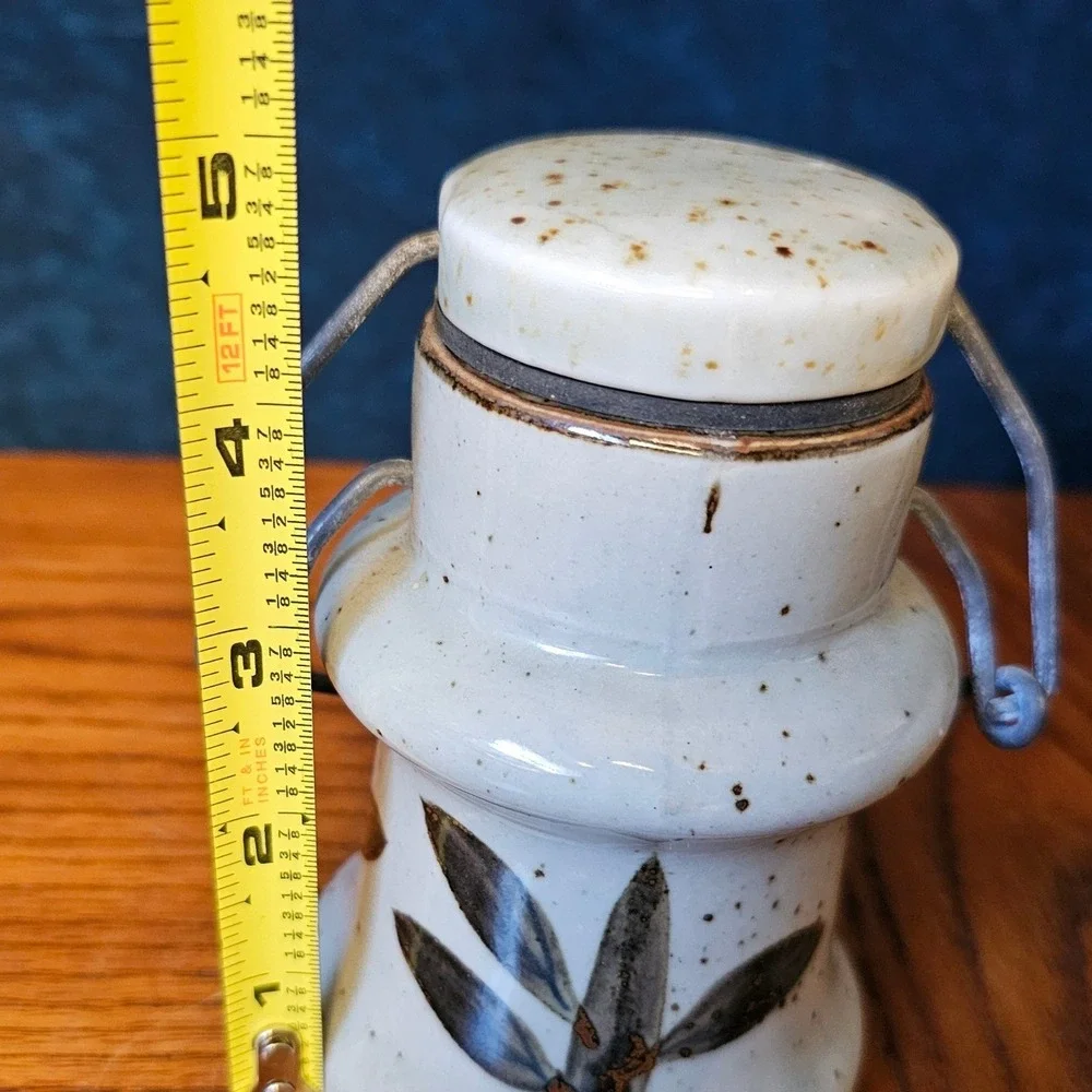 Vintage Studio Pottery Bamboo Leaf Stoneware Canister Wire Bail Spice Jar